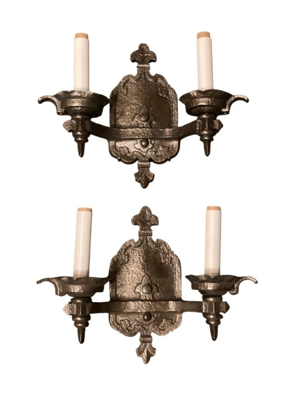 A Pair of Vintage Gothic Iron Wall Sconce Two Candle Lights Fleur de lis